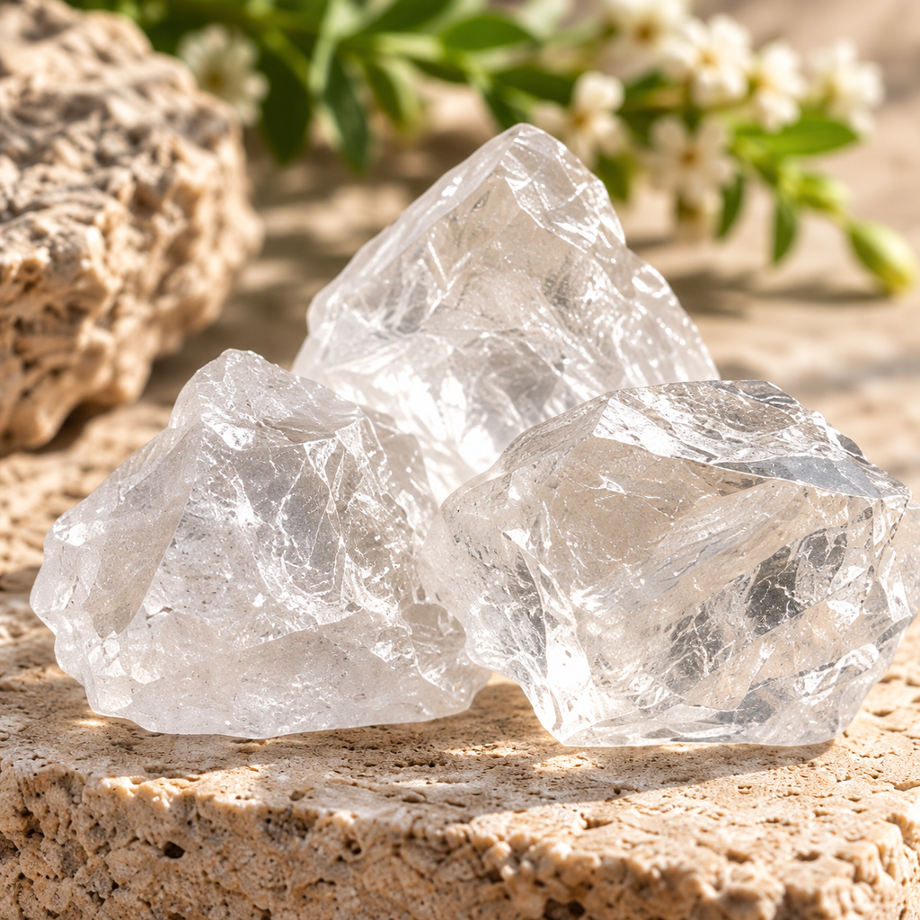 Natural Clear Quartz raw crystal pieces displayed on beige travertine in warm sunlight
