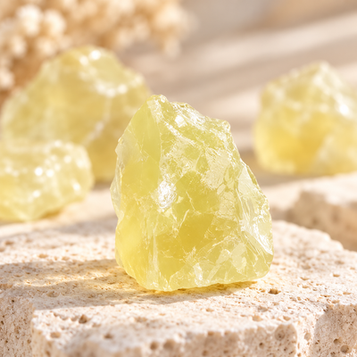 Natural Citrine raw crystal pieces displayed on a light beige stone pedestal