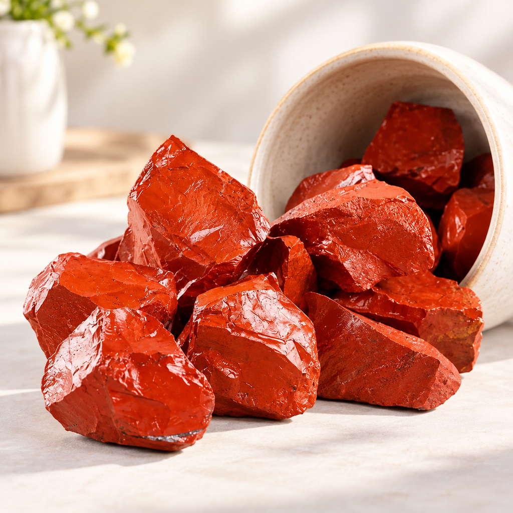 Natural Red Jasper raw crystal pieces spilling from a ceramic bowl in soft natural light