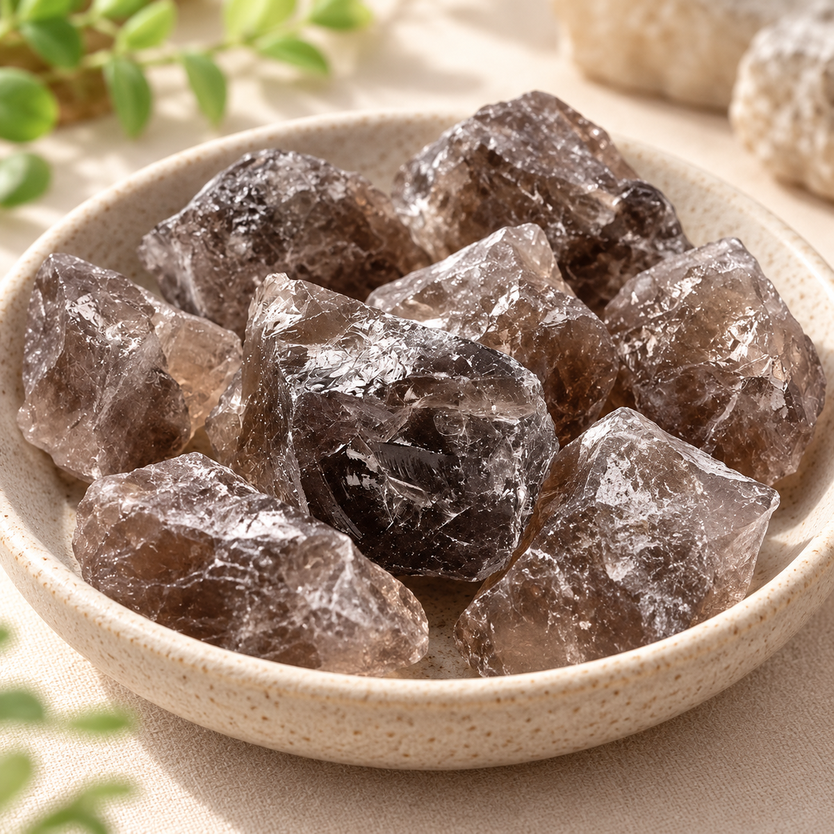 Natural Smoky Quartz raw crystal pieces displayed on a beige stone surface in warm natural light