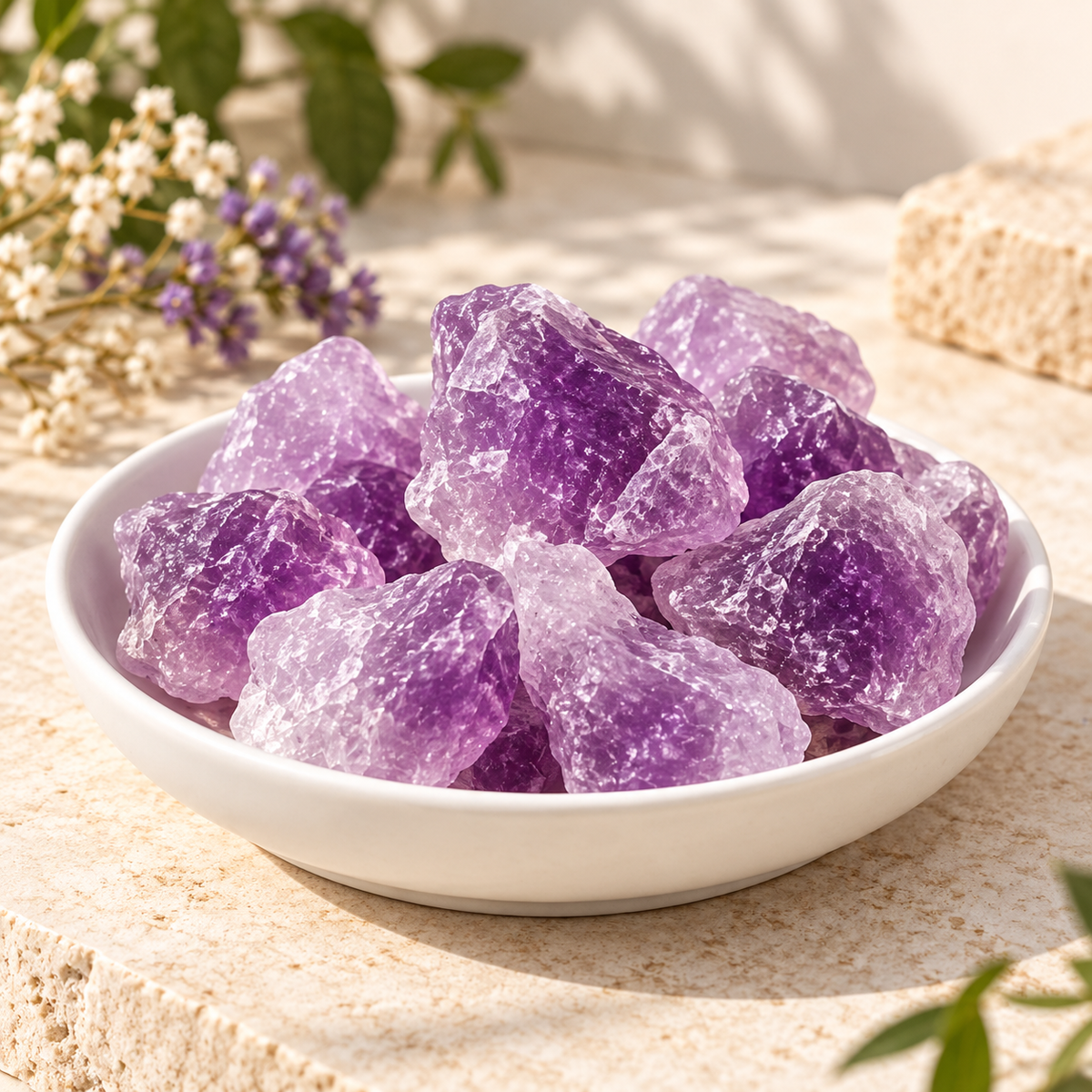 Raw Amethyst Crystal cluster displayed on a stone pedestal in natural sunlight
