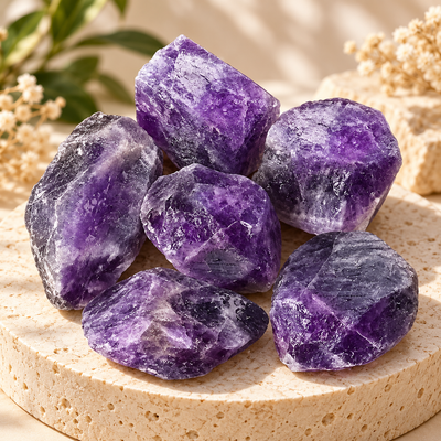 Natural Purple Fluorite Raw Crystal displayed on a beige stone pedestal in warm natural light