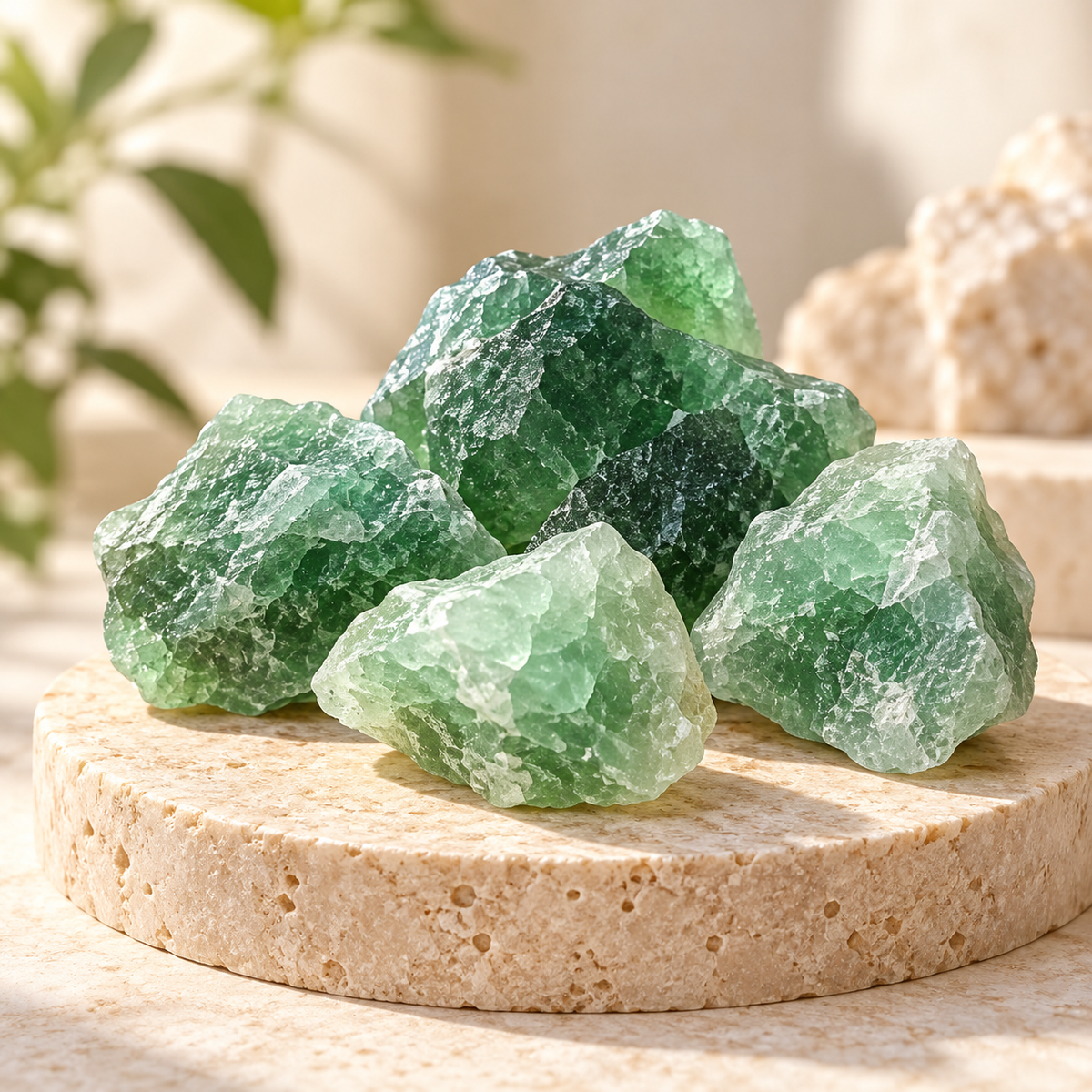 Natural Green Fluorite raw crystals displayed on a beige stone pedestal in soft natural light