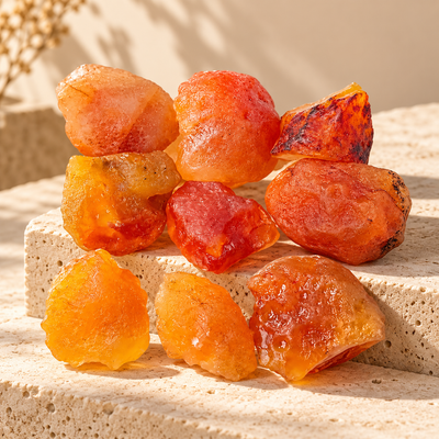 Natural Carnelian raw crystal pieces displayed on beige stone in warm sunlight
