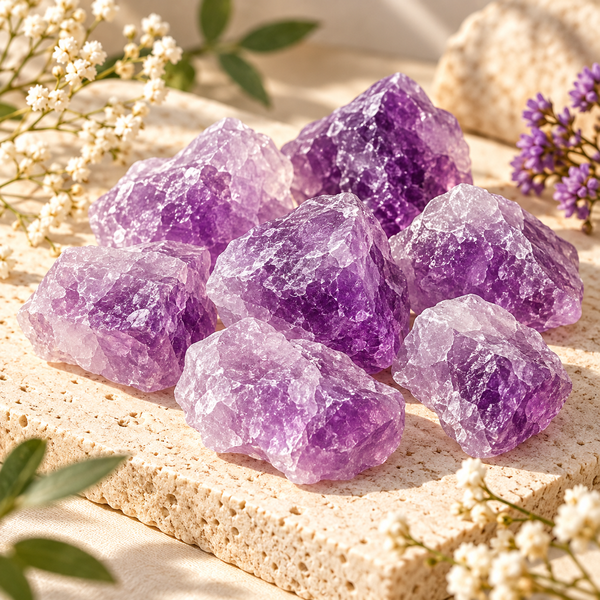 Natural Raw Amethyst Crystal styled with dried flowers in a soft still life scene