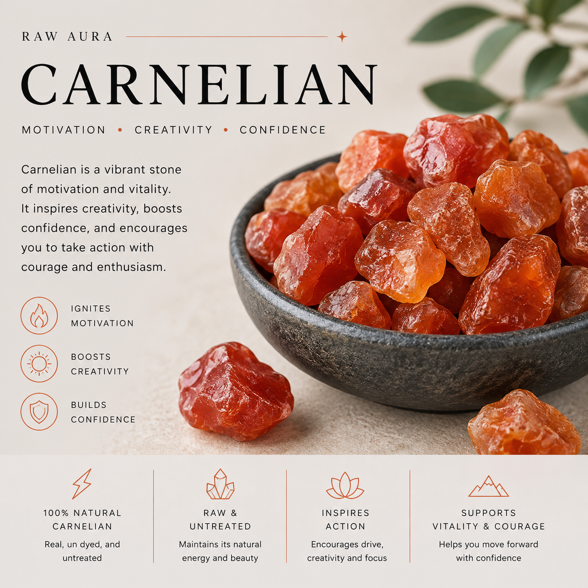 Carnelian raw crystal for motivation creativity and confidence