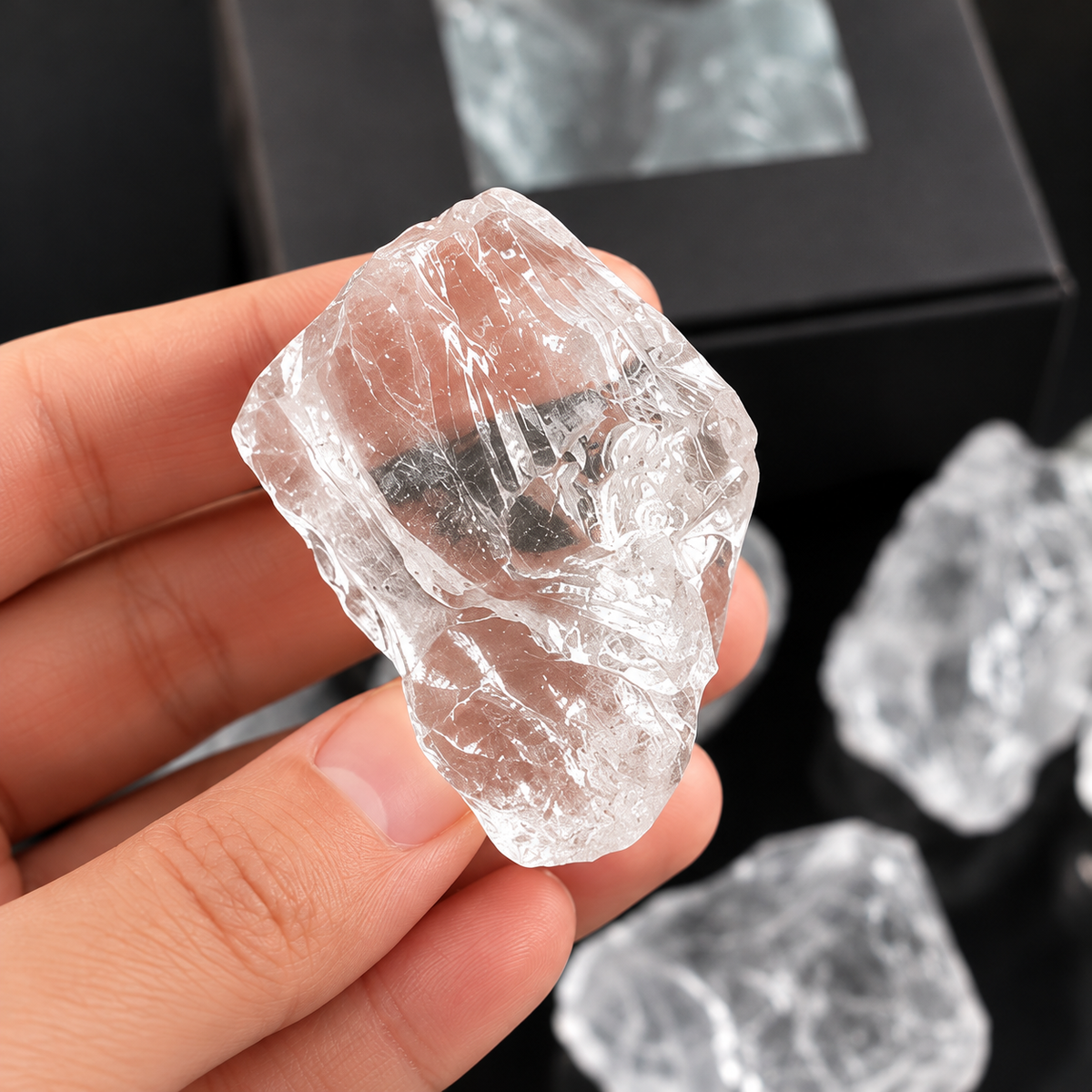 Hand holding a natural Clear Quartz raw crystal showing transparent texture and internal inclusions