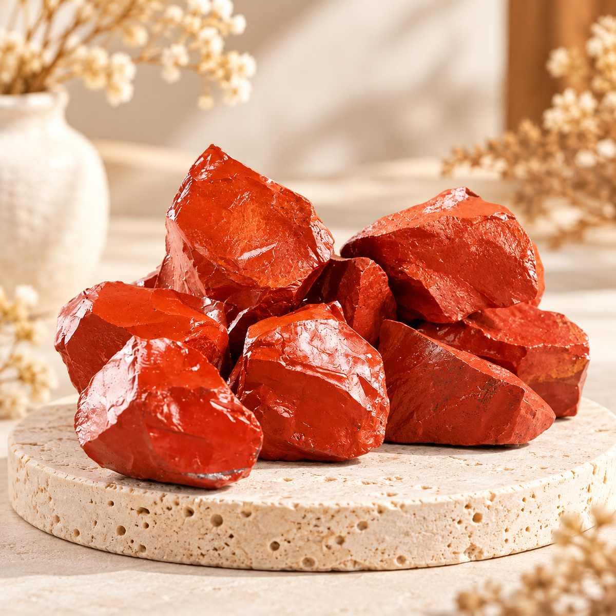 Red Jasper raw crystal stones displayed on a beige travertine pedestal with warm floral styling