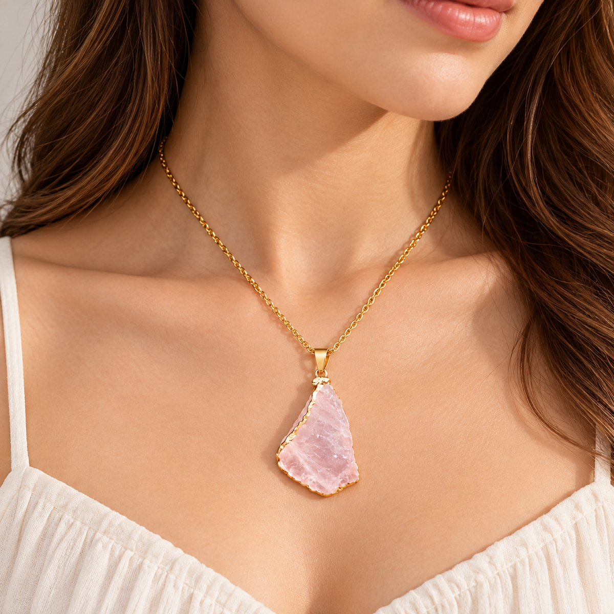 Model wearing a Rose Quartz Crystal Necklace with raw pink quartz pendant and gold-tone chain
