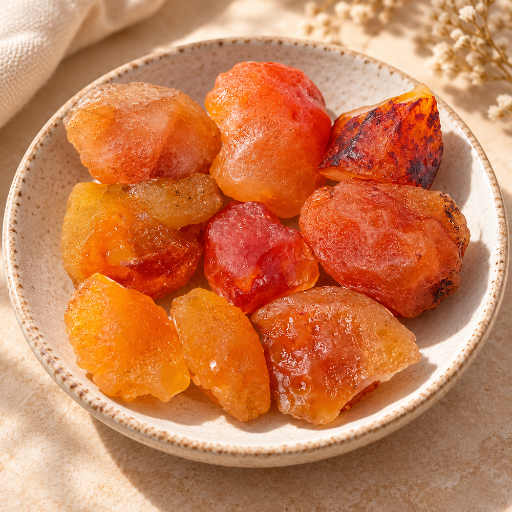 Carnelian raw crystal pieces arranged in a ceramic bowl with warm orange and red tones