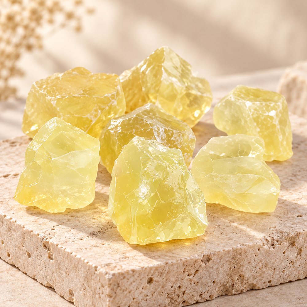 Close-up of a pale yellow Citrine raw crystal with translucent rough texture