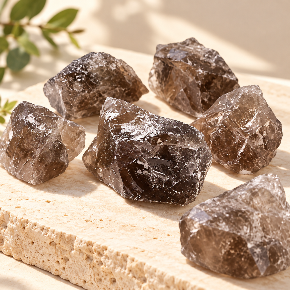 Close-up of a natural Smoky Quartz raw crystal showing translucent brown tones and internal inclusions
