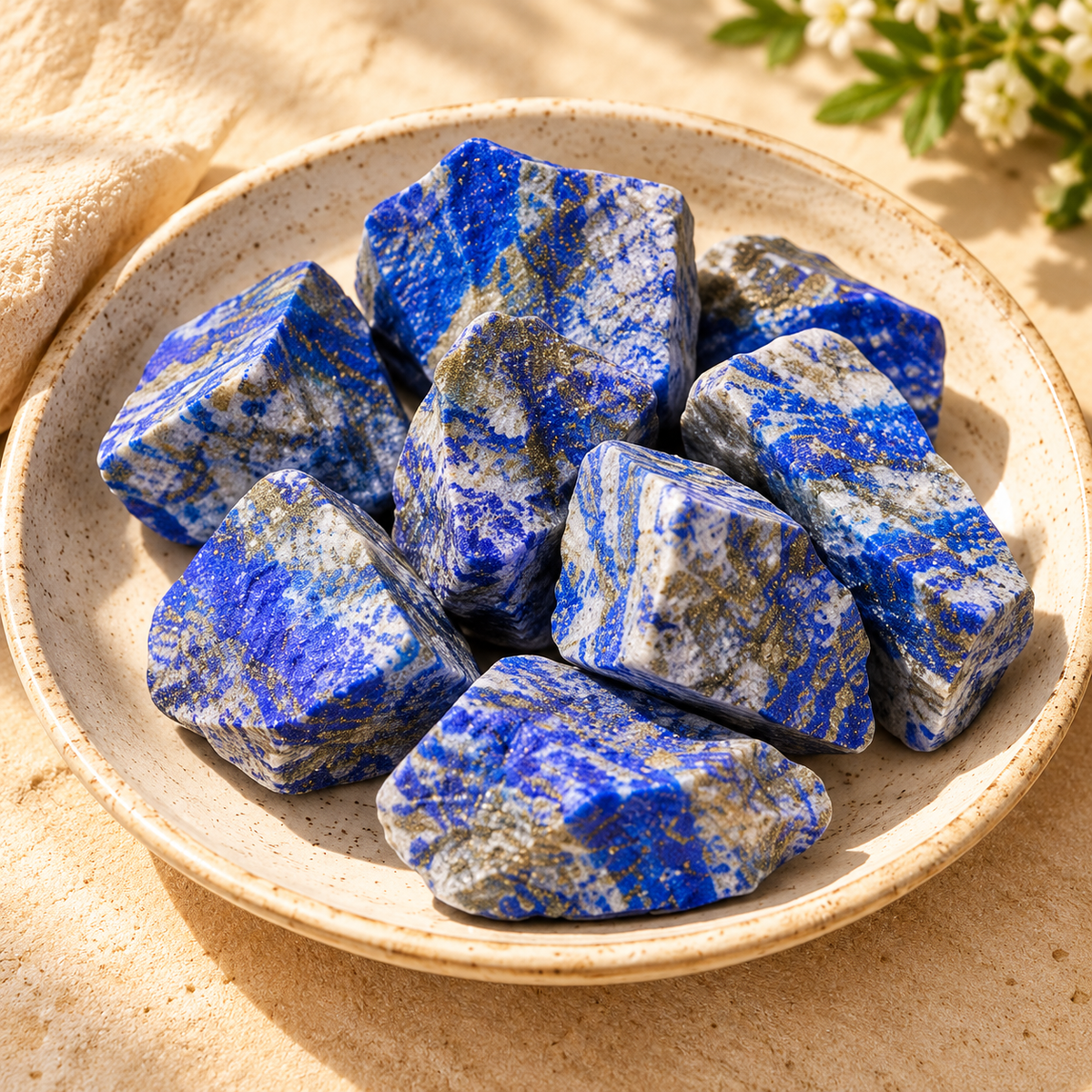 Lapis Lazuli raw stones arranged in a ceramic bowl with deep blue tones and golden pyrite flecks