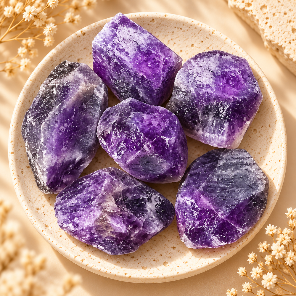 Raw Purple Fluorite crystal pieces arranged on a neutral beige tray with soft minimal styling