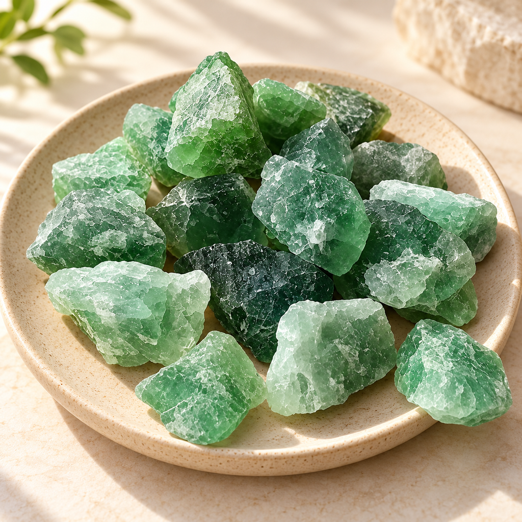 Green Fluorite raw crystal pieces arranged on a neutral ceramic plate with warm sunlight