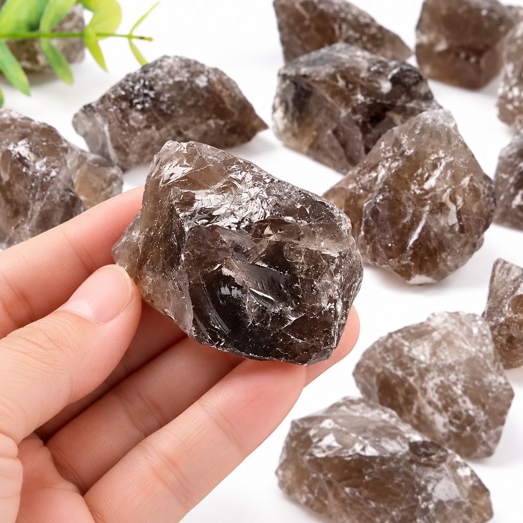 Hand holding a Smoky Quartz raw crystal piece showing natural size, texture, and smoky color