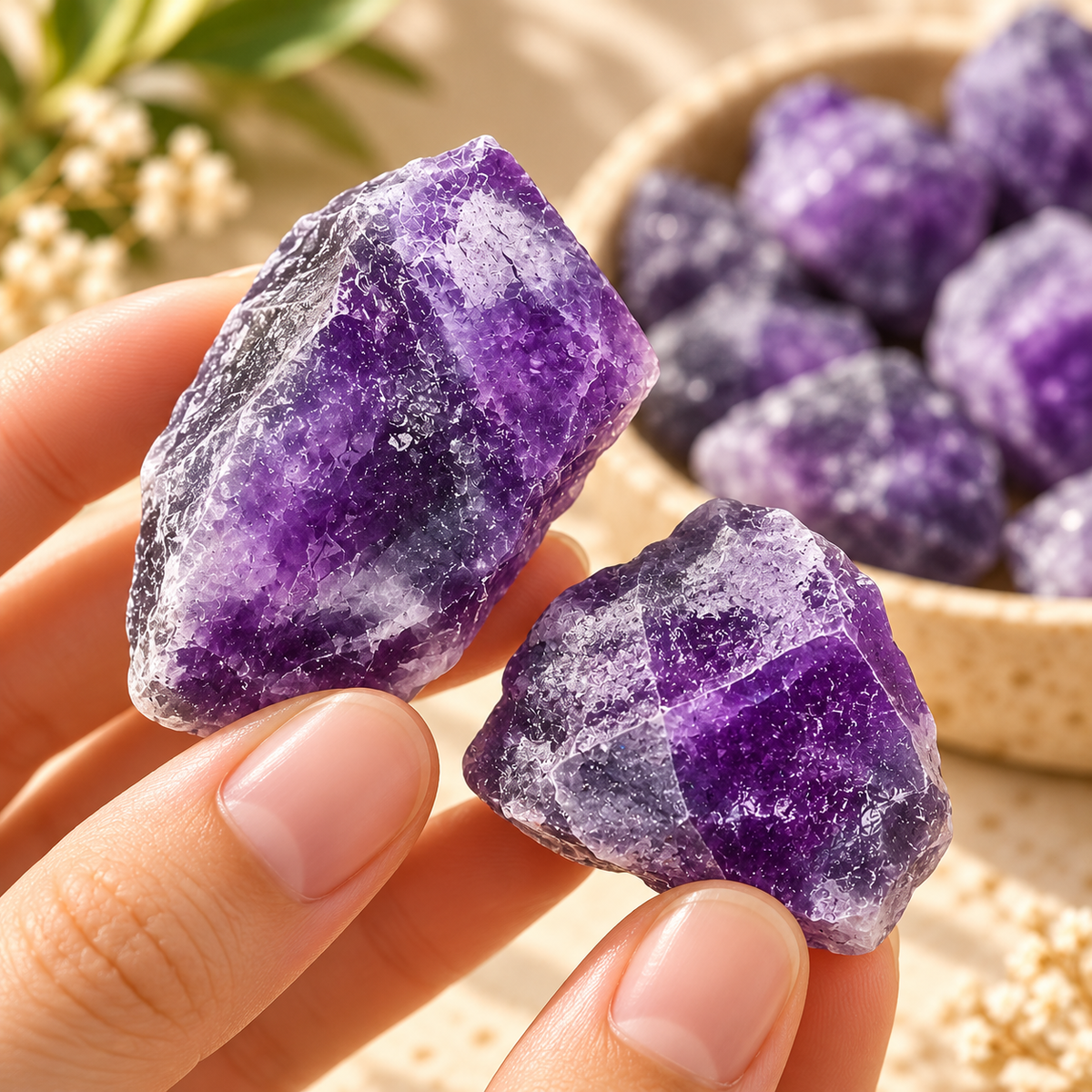 Close-up of a hand holding a natural Purple Fluorite raw crystal showing size and texture