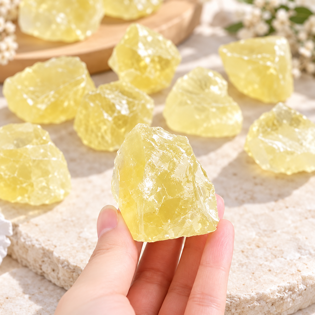 Hand holding a natural Citrine raw crystal piece showing size and surface detail