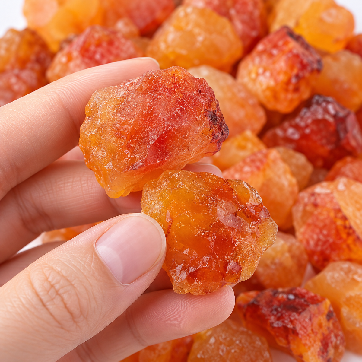 Hand holding natural Carnelian raw crystals showing translucent orange-red color and texture