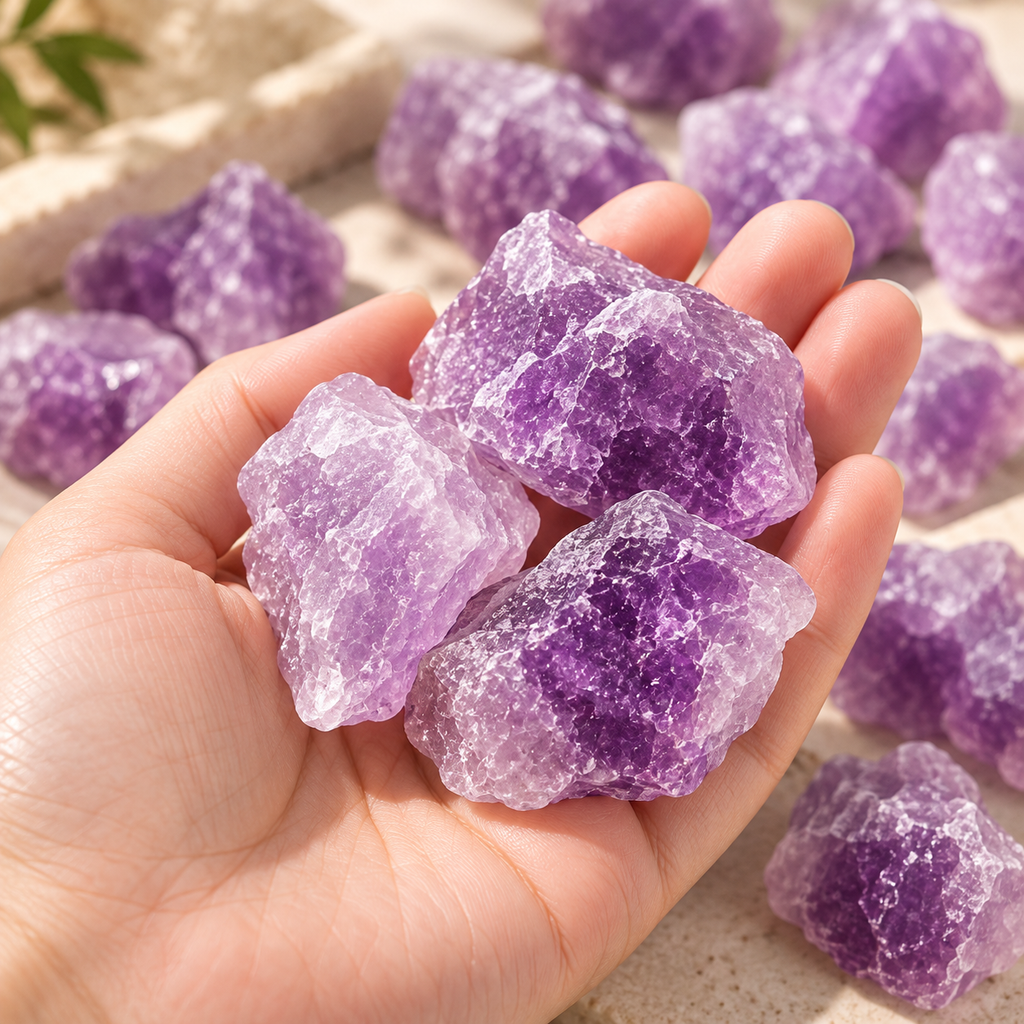 Raw Amethyst Crystal pieces arranged with dried flowers on a white plate