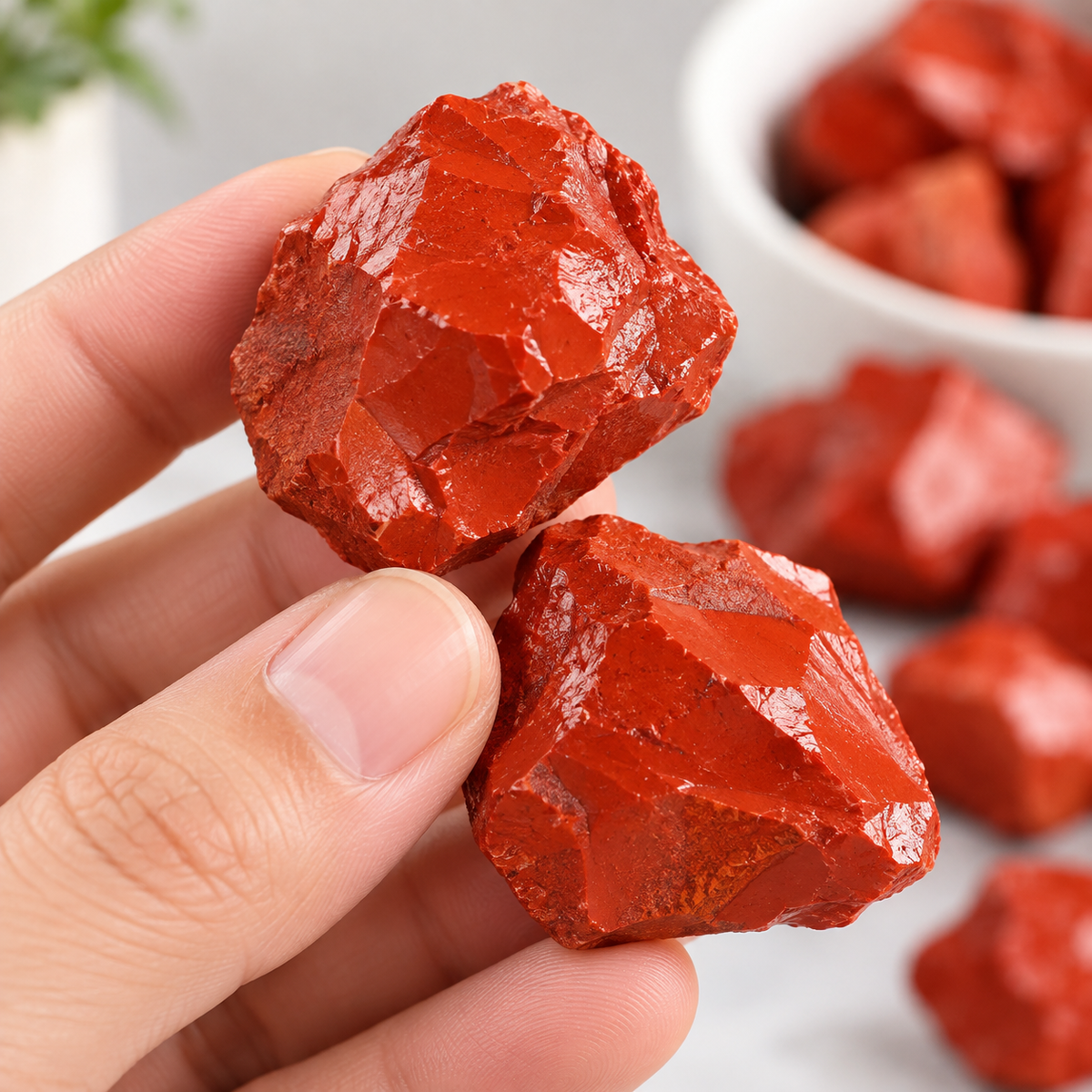 Hand holding natural Red Jasper raw crystal pieces showing size, texture, and deep red color