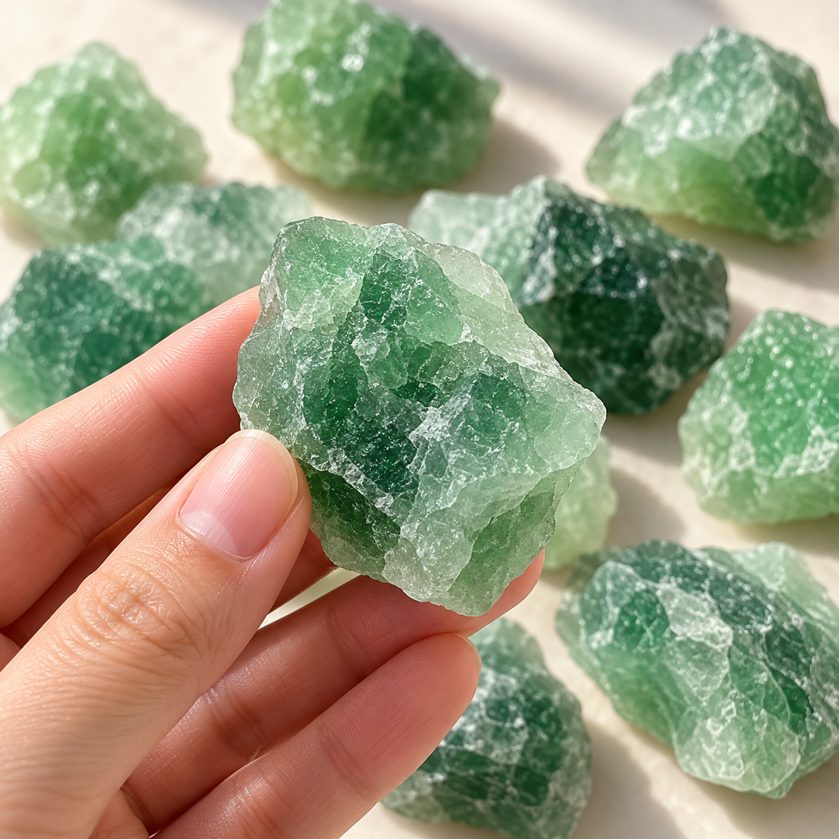Close-up of a hand holding a natural Green Fluorite raw crystal showing size and texture