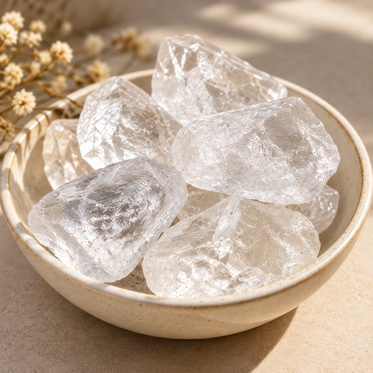 Clear Quartz raw crystal pieces arranged in a ceramic bowl under soft natural light