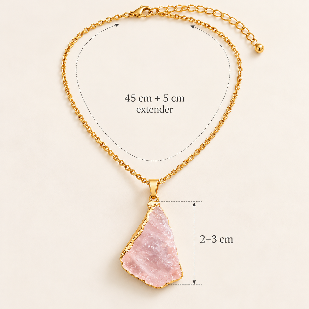 Rose Quartz Crystal Necklace size guide showing 2–3 cm pendant and 45 cm chain with 5 cm extender