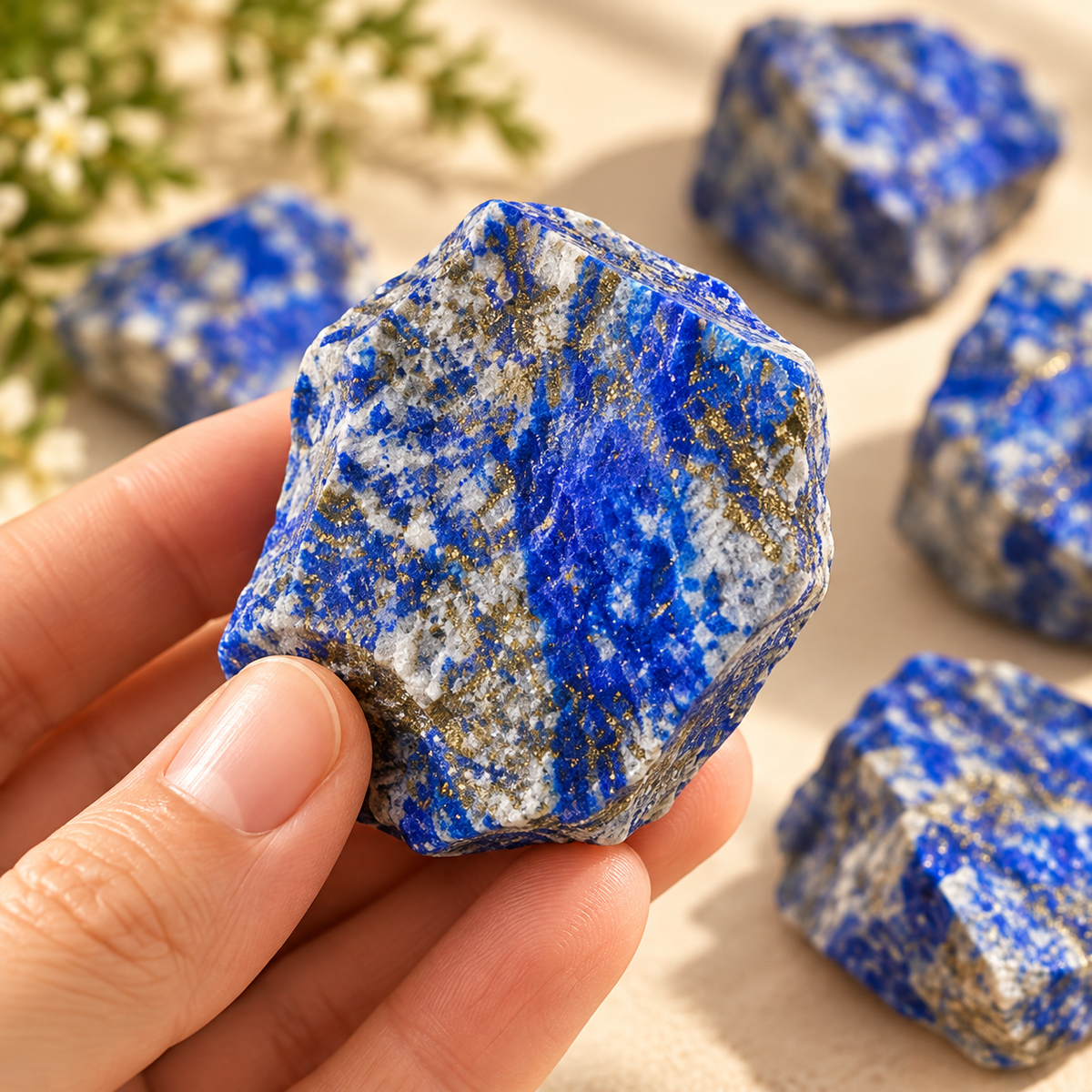 Close-up of a hand holding a natural Lapis Lazuli raw crystal showing blue color and mineral texture