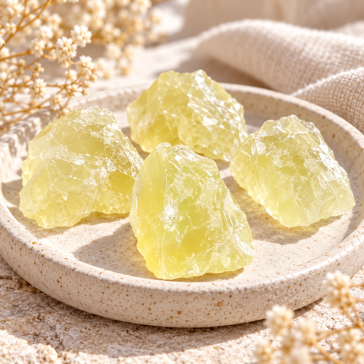 Raw Citrine crystal pieces arranged on a ceramic tray with dried floral accents