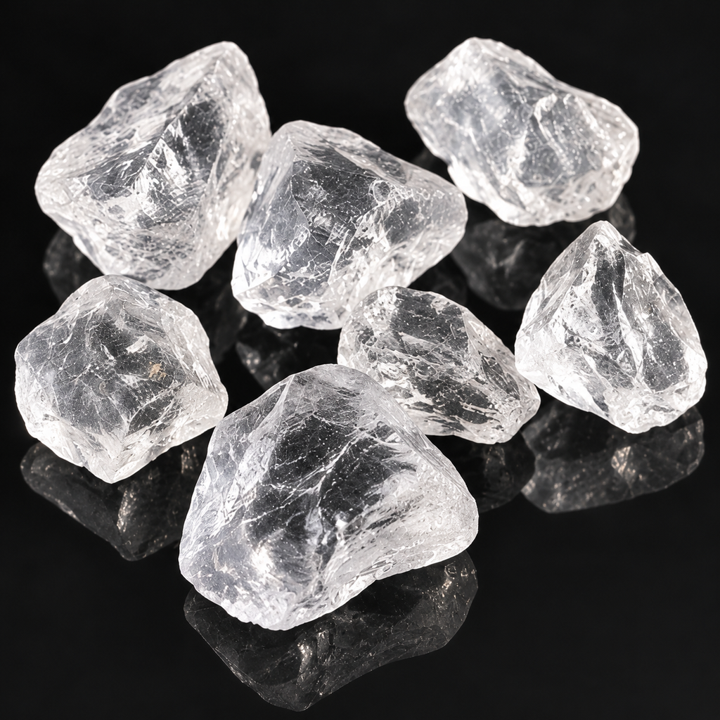 Natural Clear Quartz raw crystals displayed on a black reflective surface showing clarity and facets