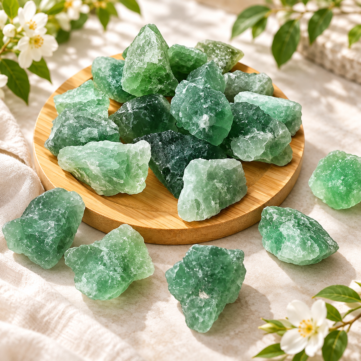 Natural Green Fluorite crystals styled with white flowers and green leaves in soft daylight