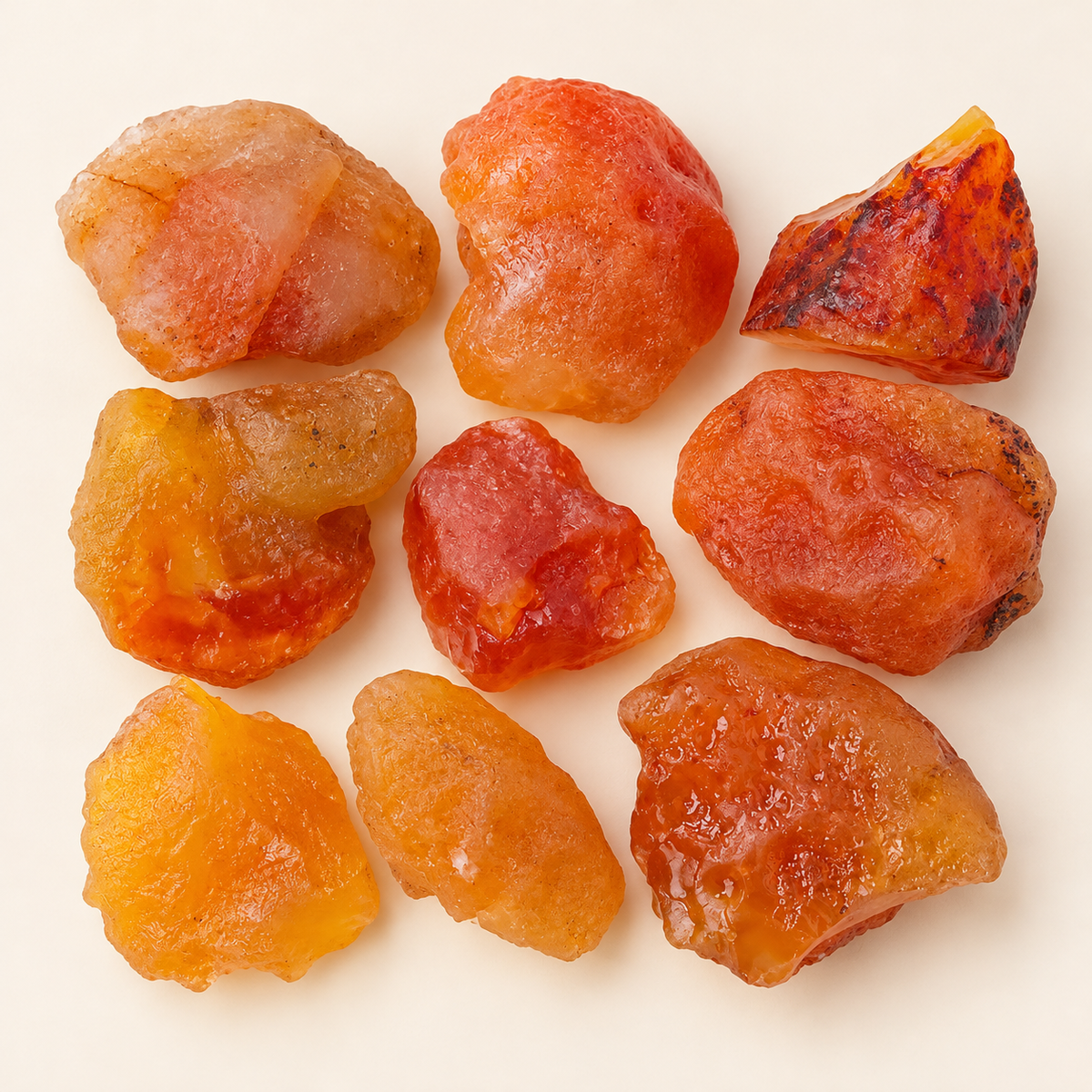 Natural Carnelian raw crystal pieces arranged on a neutral cream background showing varied color patterns