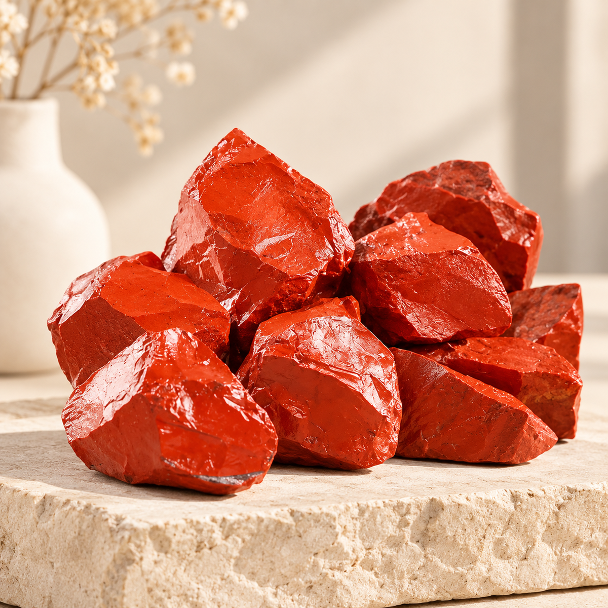 Natural Red Jasper raw crystals arranged on a stone platform in warm sunlight