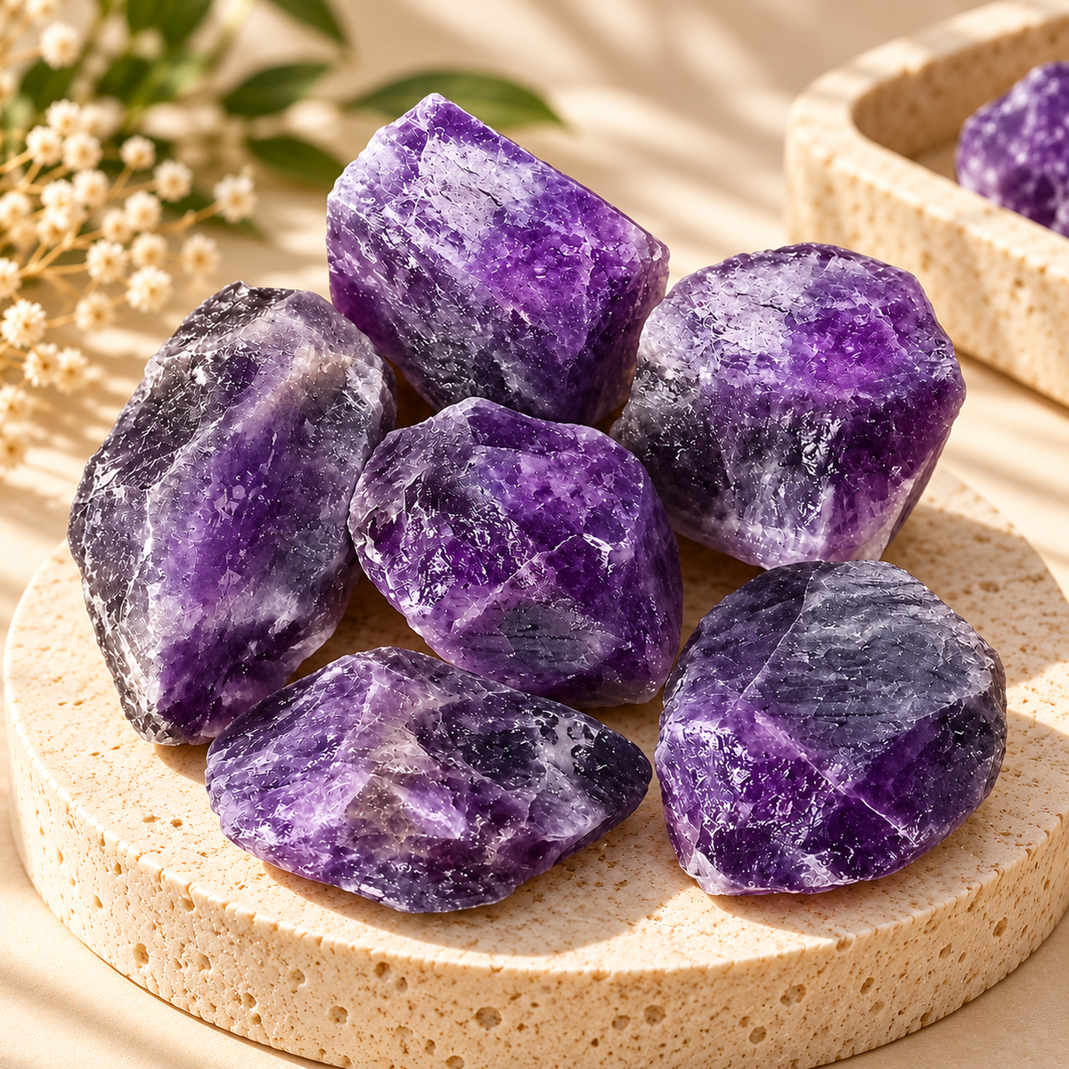 Purple Fluorite raw crystals styled with soft flowers and green leaves in warm daylight