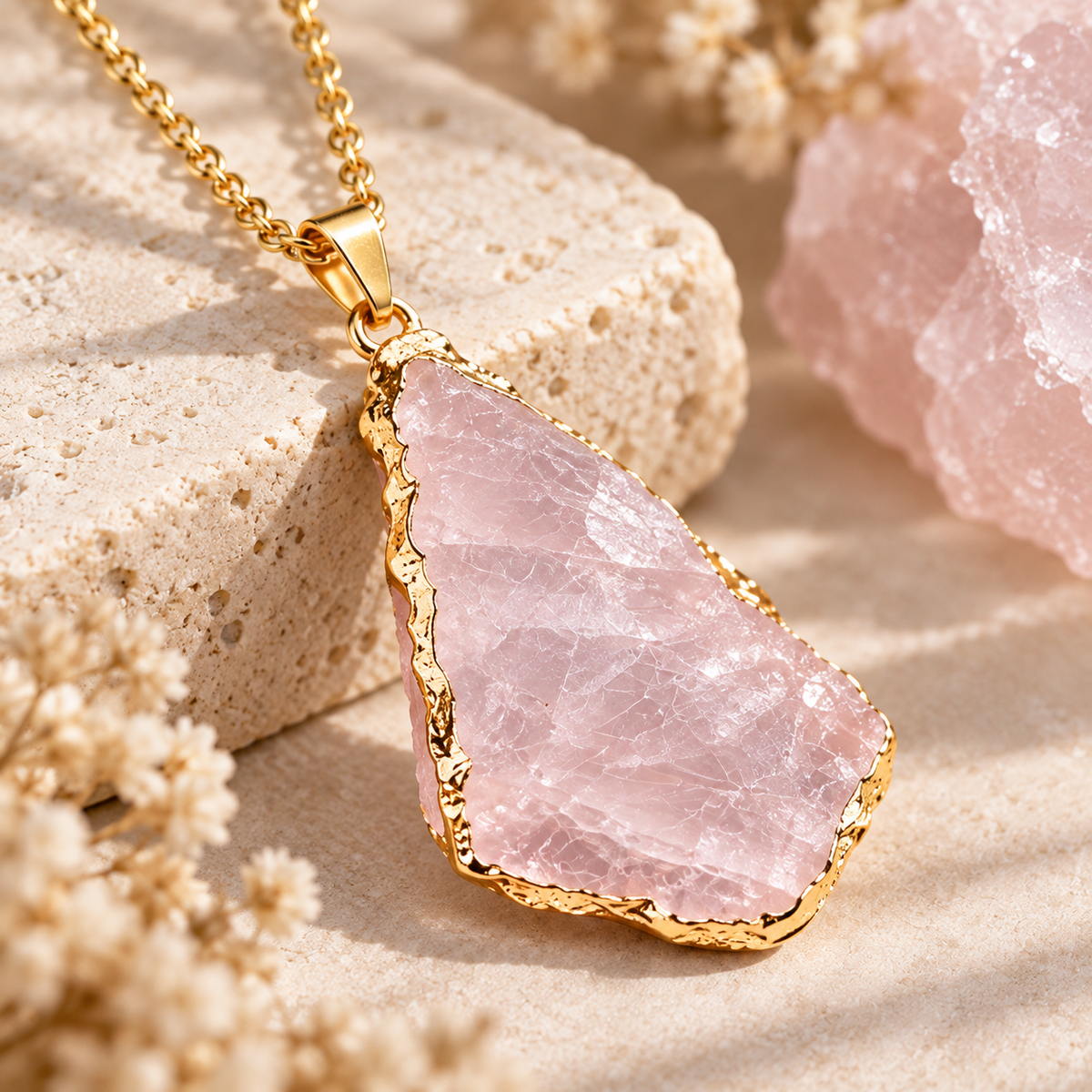 Close-up lifestyle photo of a Rose Quartz Crystal Necklace with raw pink quartz pendant and gold-tone setting