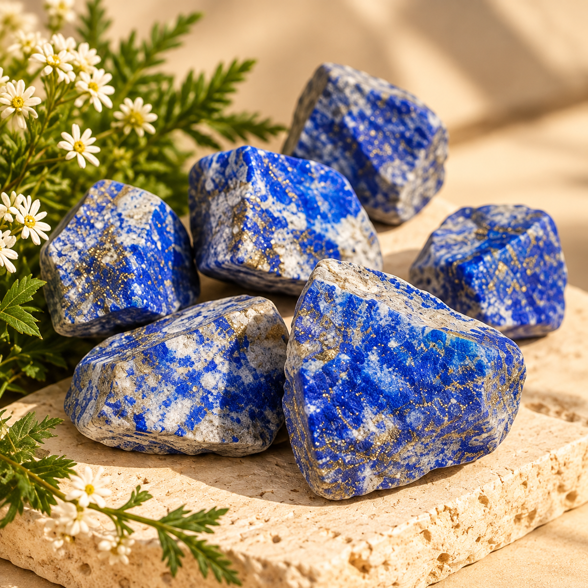 Natural Lapis Lazuli raw crystals styled with small white flowers in soft warm daylight