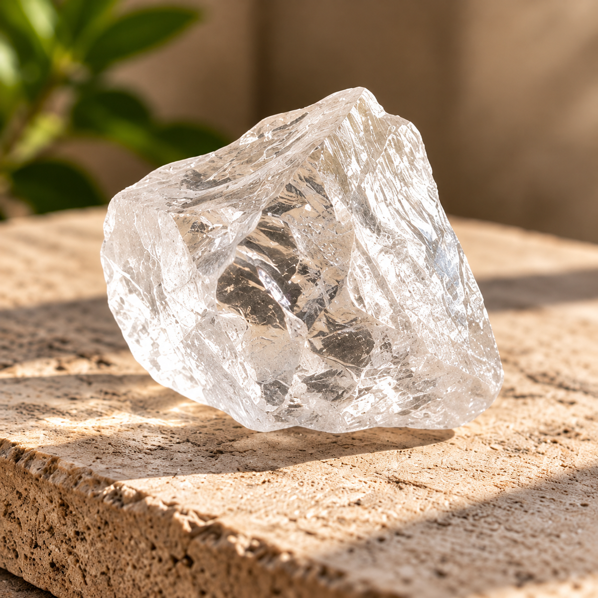 Close-up of a single Clear Quartz raw crystal on beige stone in warm natural sunlight