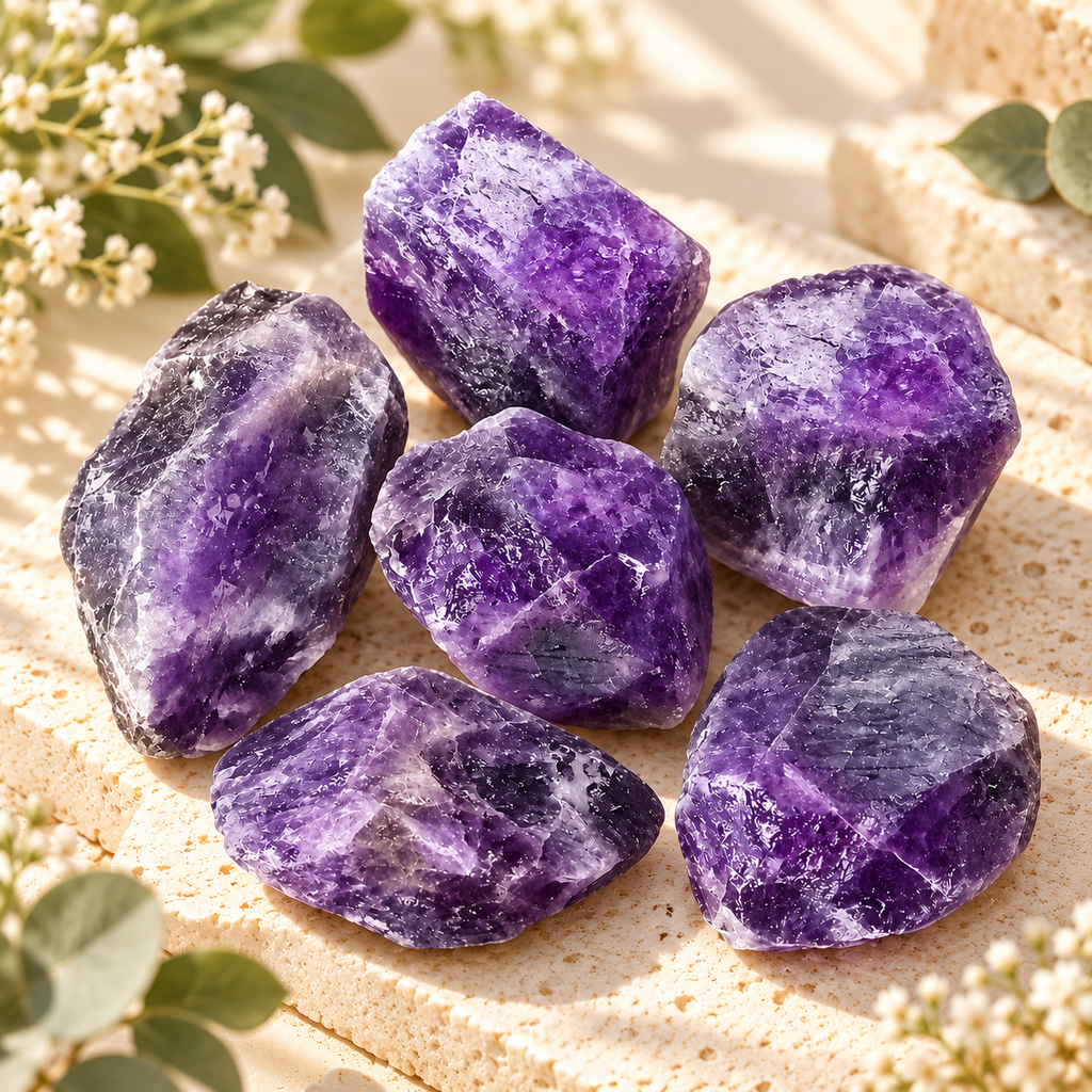 Natural Purple Fluorite raw crystal cluster photographed in soft warm light on a neutral background