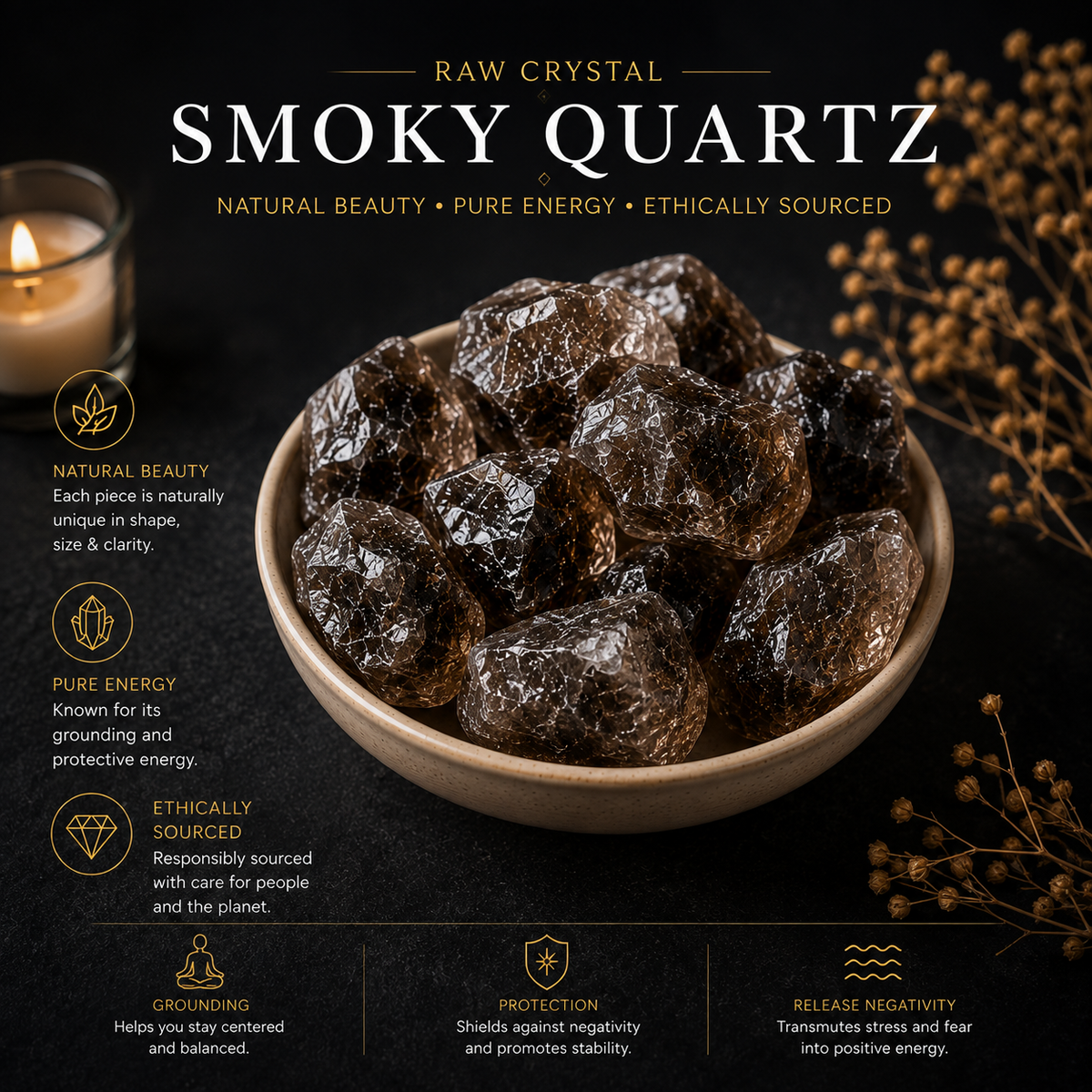 Natural Smoky Quartz crystal for meditation and mindful spaces