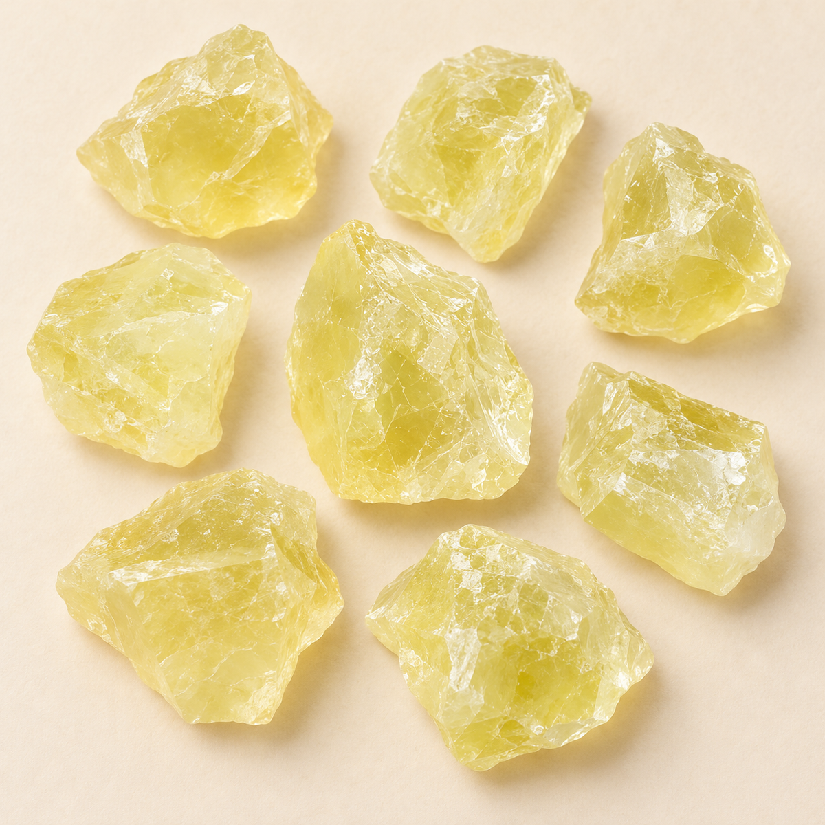 Top-down view of multiple Citrine raw crystal pieces on a warm neutral background