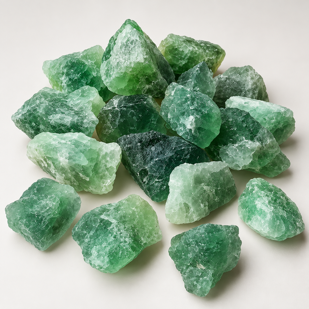 Raw Green Fluorite crystal pieces arranged on a clean neutral background showing natural color variations