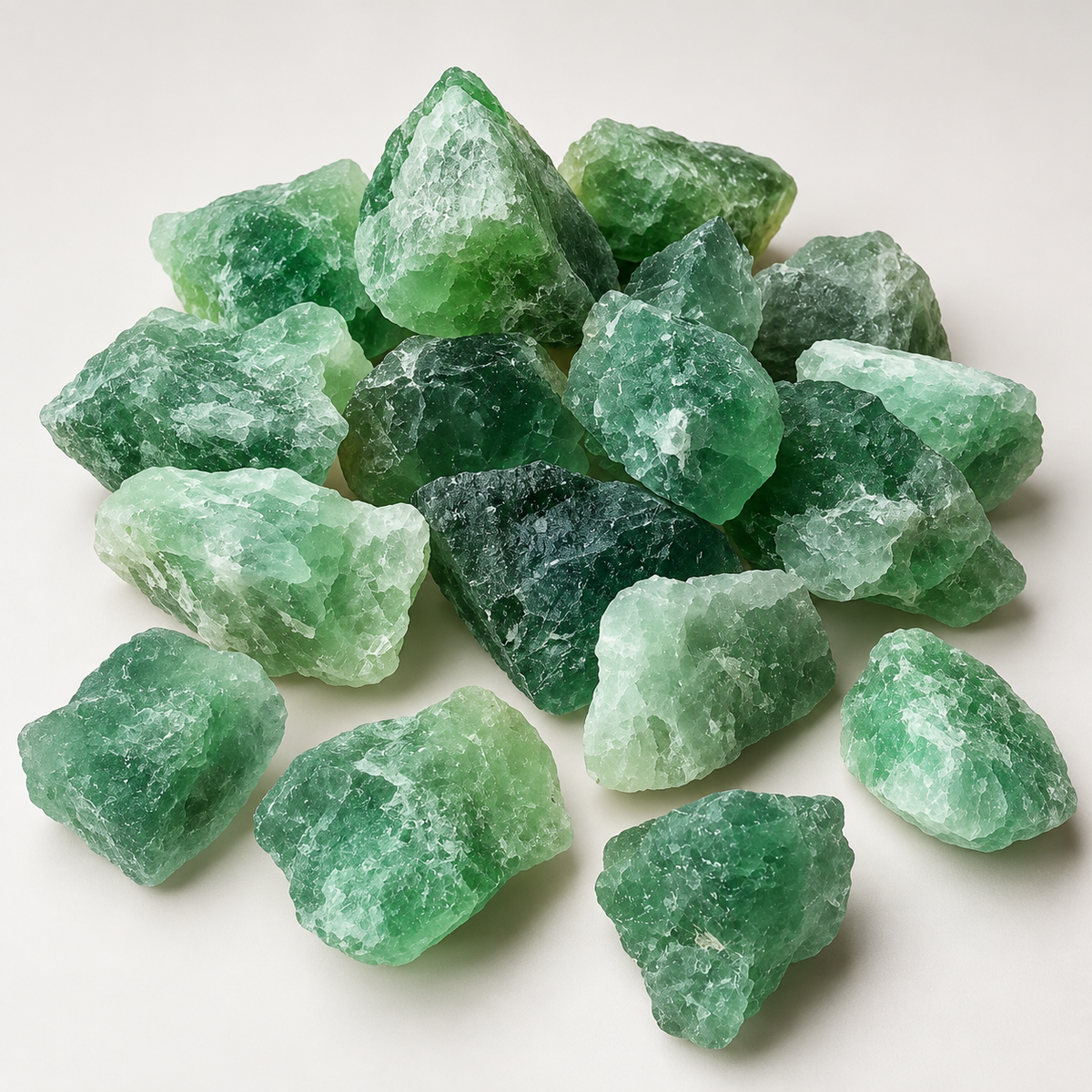 Raw Green Fluorite crystal pieces arranged on a clean neutral background showing natural color variations
