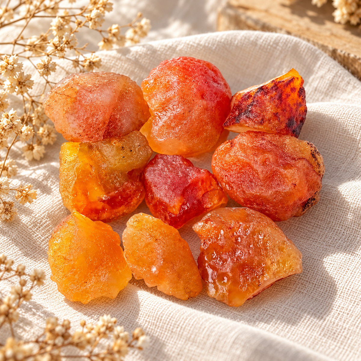 Carnelian raw crystals styled on soft linen with warm sunlight and dried floral accents