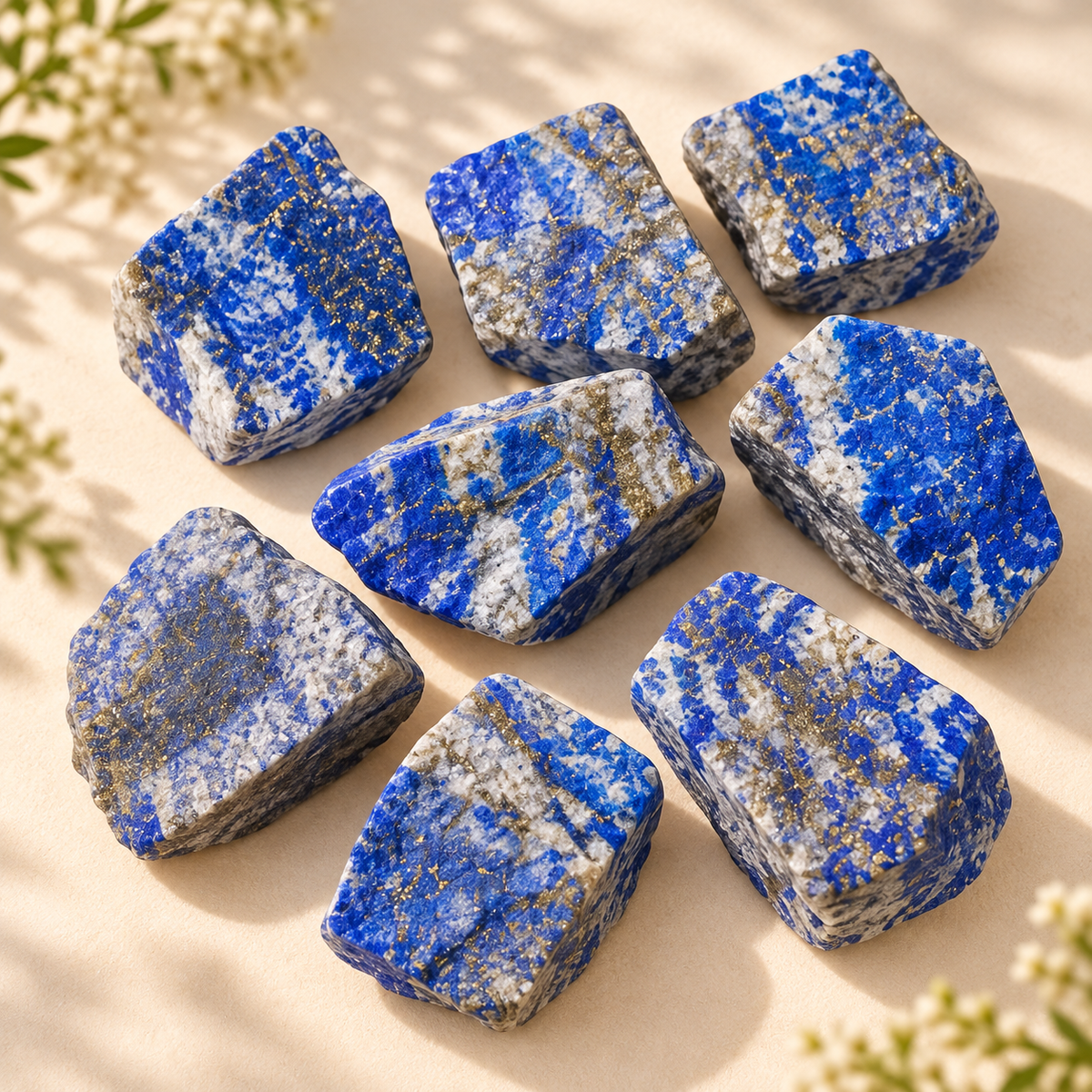 Top view of multiple Lapis Lazuli raw crystal pieces showing blue, white calcite, and pyrite variations