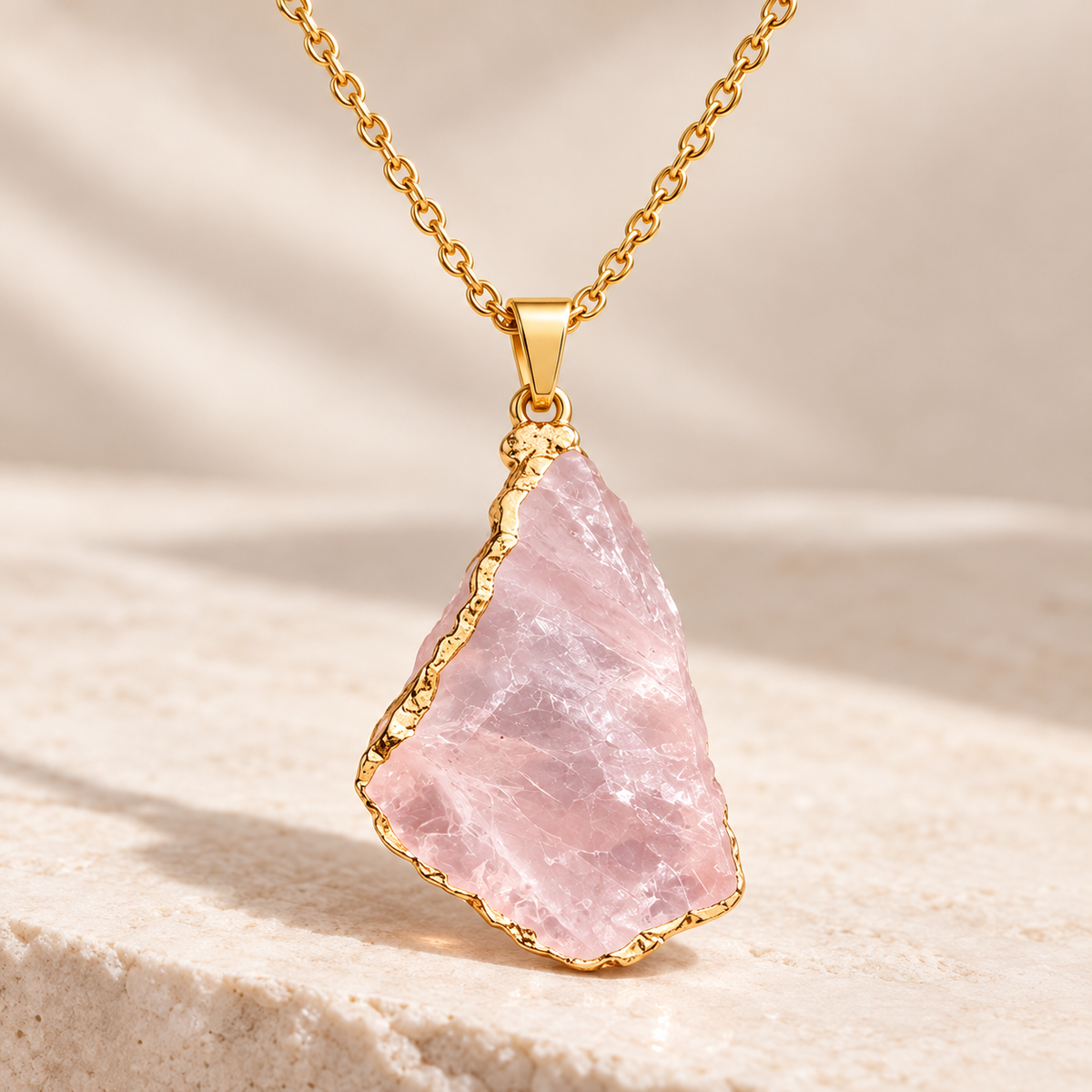 Rose Quartz Crystal Necklace displayed on a stone pedestal with raw crystal-inspired styling