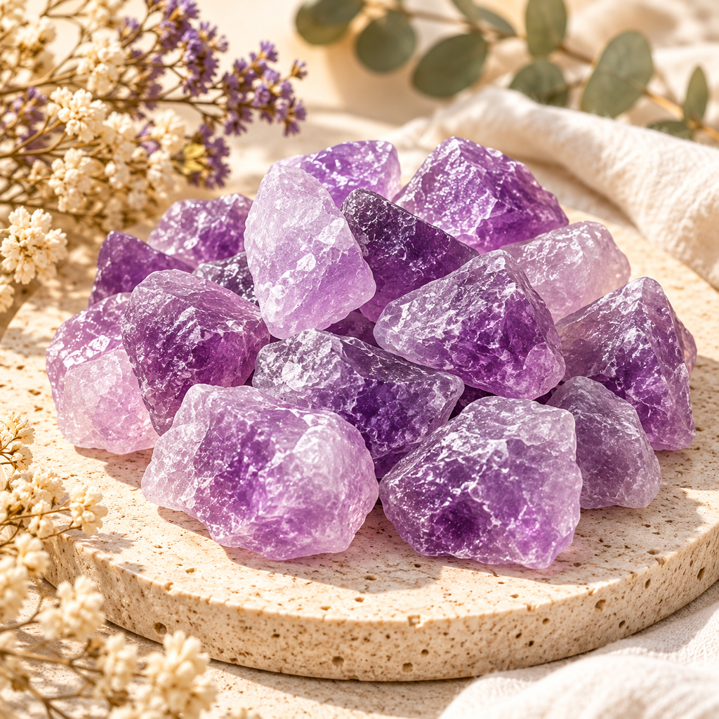 Natural Raw Amethyst Crystal displayed in soft sunlight on a neutral background