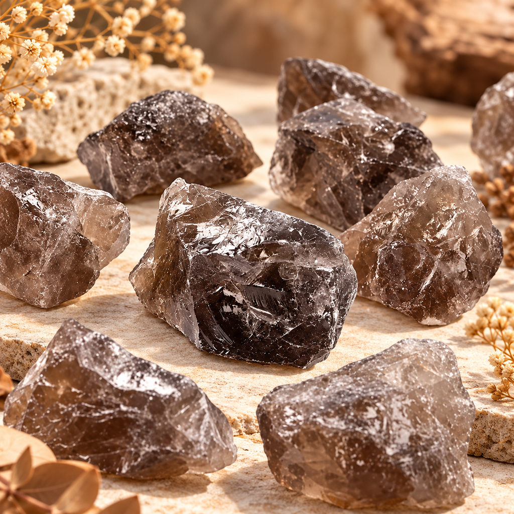 Natural Smoky Quartz raw crystals styled with dried flowers on a warm beige stone background