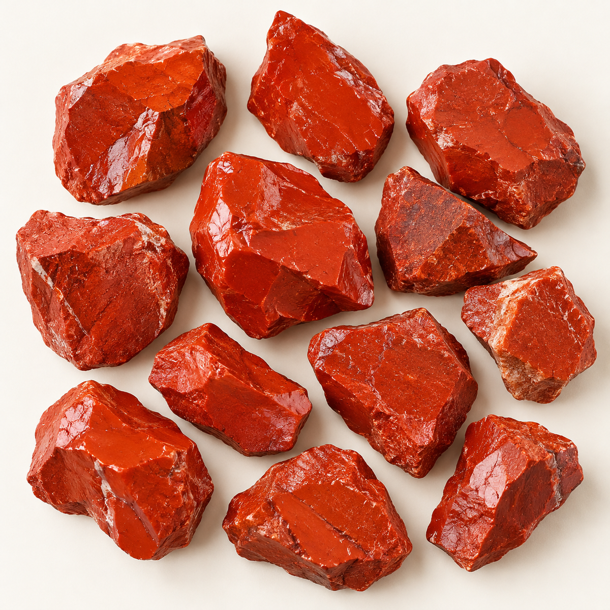 Top view of multiple Red Jasper raw crystal pieces showing natural red tones and varied shapes