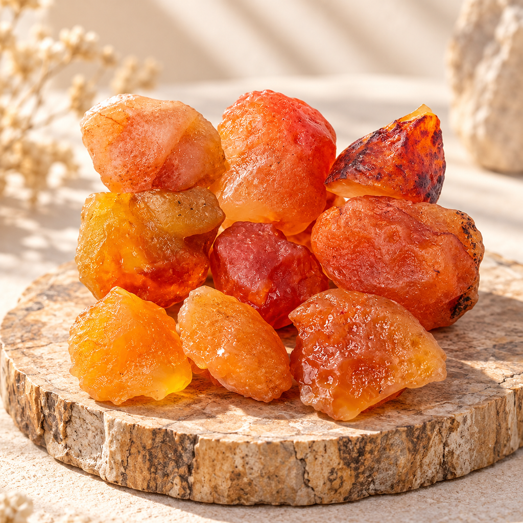 Natural Carnelian raw crystal pieces displayed on a round stone pedestal in soft warm light